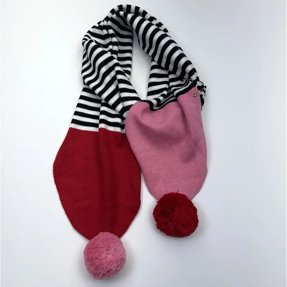 Kate Spade New York Stripe Pom Scarf Black White Charm Red Knitted 9.5